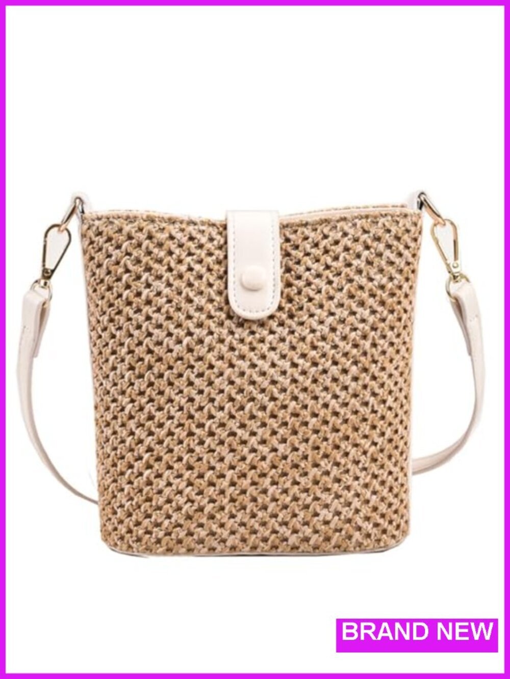 Woven Straw Crossbody Purse with Leather Straps Summer Beach Bag